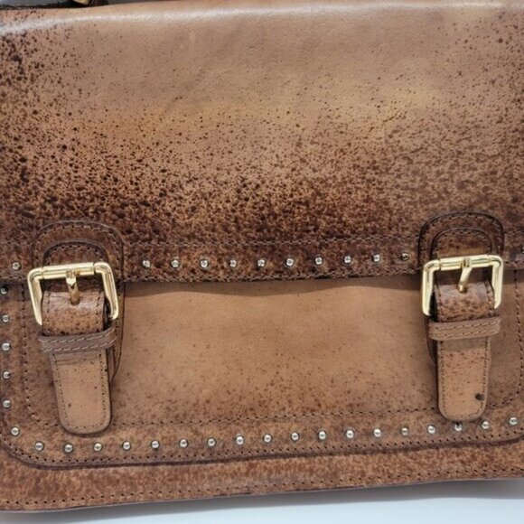 Crest by Olivia Miller Tan Cowhide Studded Embellished Handbag Long Strap Purse - Picture 2 of 9